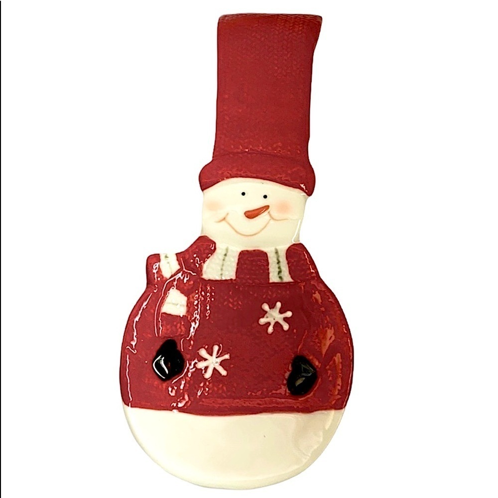 Snowman Hand Painted Spoon Rest Glazed Ceramic Kitchen Christmas Decor